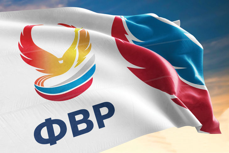 Вертикальный логотип Федерации воздухоплавательного спорта России. Реализация на флаге